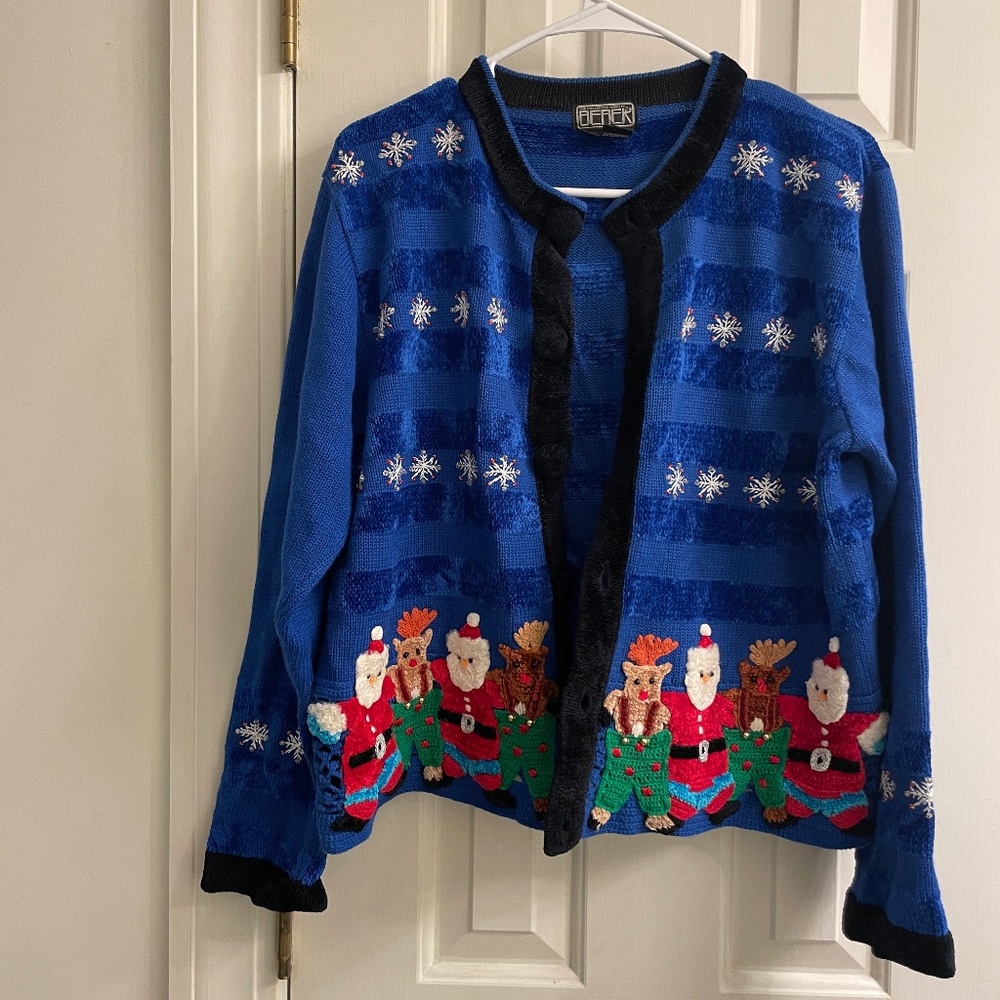 Vintage Berek Blue Black Santa Snow Ugly Christmas Cardigan